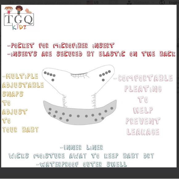 New! TGQ Baby, Infant Girl Cloth Waterproof Pinless Diaper Snap On Cover - Picture 2 of 4